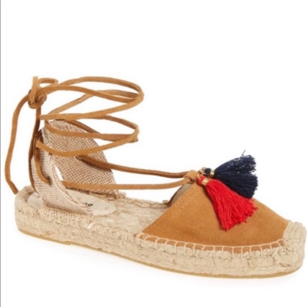 Soludos Tassel Tan Platform Espadrille Gladiator Sandals Lace Up Ankle Wrap